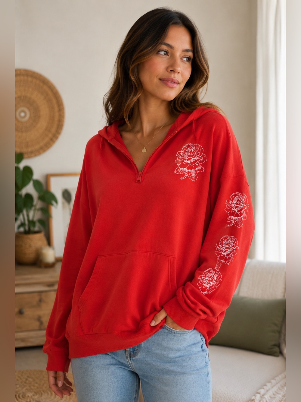 Red Rose Graphic Pullover Hoodie - Women's